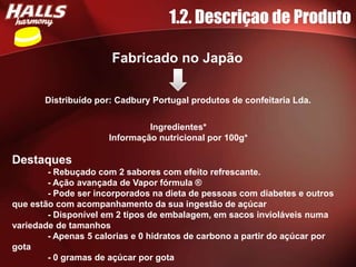 1.2. Descriçao de Produto

                      Fabricado no Japão

       Distribuído por: Cadbury Portugal produtos de confeitaria Lda.


                               Ingredientes*
                      Informação nutricional por 100g*

Destaques
        - Rebuçado com 2 sabores com efeito refrescante.
        - Ação avançada de Vapor fórmula ®
        - Pode ser incorporados na dieta de pessoas com diabetes e outros
que estão com acompanhamento da sua ingestão de açúcar
        - Disponível em 2 tipos de embalagem, em sacos invioláveis numa
variedade de tamanhos
        - Apenas 5 calorias e 0 hidratos de carbono a partir do açúcar por
gota
        - 0 gramas de açúcar por gota
 