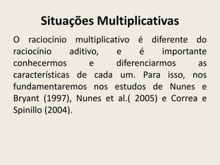 Situações Multiplicativas
O raciocínio multiplicativo é diferente do
raciocínio aditivo, e é importante
conhecermos e diferenciarmos as
características de cada um. Para isso, nos
fundamentaremos nos estudos de Nunes e
Bryant (1997), Nunes et al.( 2005) e Correa e
Spinillo (2004).
 