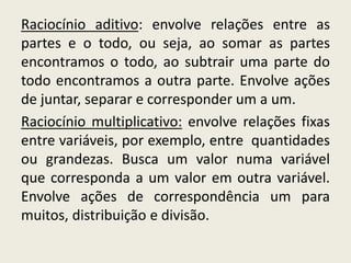 Raciocínio aditivo: envolve relações entre as
partes e o todo, ou seja, ao somar as partes
encontramos o todo, ao subtrair uma parte do
todo encontramos a outra parte. Envolve ações
de juntar, separar e corresponder um a um.
Raciocínio multiplicativo: envolve relações fixas
entre variáveis, por exemplo, entre quantidades
ou grandezas. Busca um valor numa variável
que corresponda a um valor em outra variável.
Envolve ações de correspondência um para
muitos, distribuição e divisão.
 