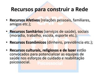 Recursos para construir a Rede
• Recursos Afetivos (relações pessoais, familiares,
amigos etc.);
• Recursos Sanitários (serviços de saúde), sociais
(moradia, trabalho, escola, esporte etc.);
• Recursos Econômicos (dinheiro, previdência etc.);
• Recursos culturais, religiosos e de lazer estão
convocados para potencializar as equipes de
saúde nos esforços de cuidado e reabilitação
psicossocial.
 