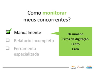 Como monitorar
        meus concorrentes?

 Manualmente                Desumano
                         Erros de digitação
 Relatório incompleto
                               Lento
 Ferramenta                    Caro
  especializada
 