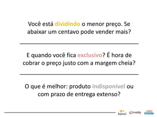 Você está dividindo o menor preço. Se
 abaixar um centavo pode vender mais?


 E quando você fica exclusivo? É hora de
cobrar o preço justo com a margem cheia?


O que é melhor: produto indisponível ou
    com prazo de entrega extenso?
 