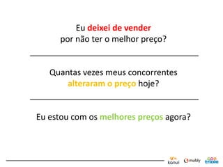 Eu deixei de vender
     por não ter o melhor preço?


   Quantas vezes meus concorrentes
       alteraram o preço hoje?


Eu estou com os melhores preços agora?
 
