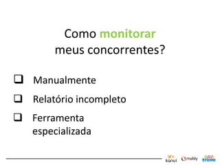 Como monitorar
        meus concorrentes?

 Manualmente
 Relatório incompleto
 Ferramenta
  especializada
 