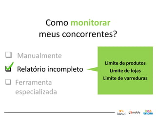 Como monitorar
         meus concorrentes?

 Manualmente
                          Limite de produtos
 Relatório incompleto      Limite de lojas
                         Limite de varreduras
 Ferramenta
  especializada
 
