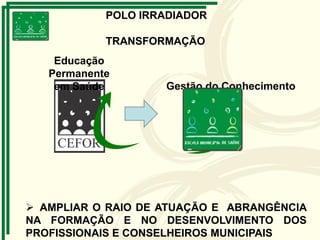 TRANSFORMAÇÃO
POLO IRRADIADOR
Educação
Permanente
em Saúde Gestão do Conhecimento
 AMPLIAR O RAIO DE ATUAÇÃO E ABRANGÊNCIA
NA FORMAÇÃO E NO DESENVOLVIMENTO DOS
PROFISSIONAIS E CONSELHEIROS MUNICIPAIS
 