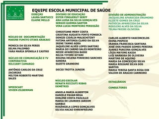 EQUIPE ESCOLA MUNICIPAL DE SAÚDE
DIVISÃO DE ADMINISTRAÇÃO
JACQUELINE APARECIDA DRUMOND
ELIZETE GOMES DA CRUZ
PATRÍCIA APARECIDA DA SILVA
ROSILENI ALVES DA SILVA
TELMA FREIRE OLIVEIRA
CARLOS ALBERTO VASCONCELOS
EDINA PISPICO
IRANDA FRANCISCA SANTANA
JOSÉ DOS PASSOS GOMES PEREIRA
JUAREZ PURCENA GONÇALVES
LÍGIA MAYUMI KAIDA
LUÍZ BARBOSA DE OLIVEIRA
MARTINS DE AQUINO
MARIA DA CONCEIÇÃO SILVA
MARIA REGIANE SILVA DOS
SANTOS
MARIA TERESA SANTA ROSA DIB
VALDIR DE ARAÚJO CARNEIRO
DIVISÃO DE EDUCAÇÃO
ESTER FINGUERUT SERFF
ANA LUISA DA SILVA GONÇALVES
SERGIO GUERRA SARTOR
VERA LUCIA MONTEIRO PERDIGÃO
CHRISTIANE MERY COSTA
CRISTINA AUGUSTA PINTO FONSECA
DENIZE CIDÁLIA MALSCHITZKY
FATIMA ANTONIA CLARO DA SILVA
IRENE TANNO AGRA
JAQUELINE ALVES LOPES SARTORI
MARIA DO CARMO SALES MONTEIRO
NEIDE APARECIDA BASSI
NILVA TIYOMI KITANI
REGINA HELENA PINHEIRO SANCHES
SANDRA
SUZETE GRANDINI
DECIO TROTTA JUNIOR
NÚCLEO DE COMUNICAÇÃO E TV
CORPORATIVA
NILCIANY CAMARGO
ANTÔNIO CARLOS DA CRUZ
ZACARIAS
MILTON ROBERTO MARTINS
SALES
SPEEDCAST
VIVIEN ZILBERMAN
NÚCLEO DE DOCUMENTAÇÃO
MARINE FUMIYO OTAKE ARAKAKI
MONICA DA SILVA PERES
SELMA PALOMBO
YARA MARIA SPINOLA E CASTRO
NÚCLEO ESCOLAR
RENATA RICCIUTI RIBAS
DEMÉTRIO
ANGELA MARIA ALBERTON
DANIELE PAVAN BEGA
DIRLENE COSTA PAOLILLO
MARIA DE LOURDES JARDIM
GARBUI
ROSÂNGELA LOPES GONÇALVES
SILVIA HACAD EHRENFREUND
ESTAGIÁRIOS
CONSULTORES
DIREÇÃO
LAURA SANTUCCI
ELAINE MELLO
 