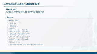 Comandos Docker | dockerinfo
$ docker info
> Containers: 5
> Running: 1
> Paused: 0
> Stopped: 4
> Images: 17
> Server Version: 1.13.0
> Storage Driver: overlay2
> Backing Filesystem: extfs
> Supports d_type: true
> Native Overlay Diff: true
> Logging Driver: json-file
> Cgroup Driver: cgroupfs
> Plugins:
> Volume: local
> Network: bridge host macvlan null overlay
22
docker info
Exibe as informações de execução dodocker
Exemplo
 