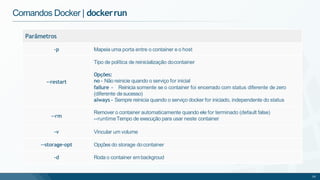 Parâmetros
-p Mapeia uma porta entre o container e o host
--restart
Tipo de política de reinicialização docontainer
Opções:
no - Não reinicie quando o serviço for inicial
failure - Reinicia somente se o container foi encerrado com status diferente de zero
(diferente desucesso)
always - Sempre reinicia quando o serviço docker for iniciado, independente do status
--rm
Remover o container automaticamente quando ele for terminado (default false)
--runtimeTempo de execução para usar neste container
-v Vincular um volume
--storage-opt Opções do storage docontainer
-d Roda o container embackgroud
29
Comandos Docker | dockerrun
 