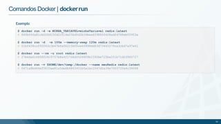 Comandos Docker | dockerrun
Exemplo
$ docker run -d -e MINHA_VARIAVEL=minhaVariavel redis:latest
> 840bf6fa81cb026d15fd2c514e25bd5d2b36bea6f98650428adfd786eb559f3a
$ docker run -d -m 100m --memory-swap 120m redis:latest
> 01bf438ccf92043c3b67bfe06215b05ce6f898dd83d73465279ca3cbd7a97e61
$ docker run --rm -u root redis:latest
> 27b6da614858f24c9757b8a4f27d4d3526809b1592be725ba251b71d23960727
$ docker run -v $HOME/dev/temp:/docker --name meuRedis redis:latest
> 0471a8bd44ef5833ae81a5de8b6863451b5a1bc1047d5a34e7003720a4c34068
30
 