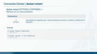 docker restart [OPTIONS] <CONTAINER...>
Reinicia um ou maiscontainers
Parâmetros
-t
<tempo>
Quantidade em segundos que o docker espera para reiniciar o container, default são10
segundos
Comandos Docker | dockerrestart
$ docker restart redisLocal
> redisLocal
$ docker restart -t 100 redisLocal
> redisLocal
42
Exemplo
 