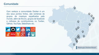 Com certeza a comunidade Docker é um
dos seus pontos fortes, são centenas de
grupos de meetups espalhados pelo
mundo, além de fóruns, grupos de facebook
e milhares de contribuidores no Twitter,
GitHub, YouTube, SlideShare etc.
Comunidade
Meetups DockerBrasil
7
 