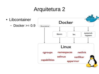 Arquitetura 2
● Libcontainer
– Docker >= 0.9
 