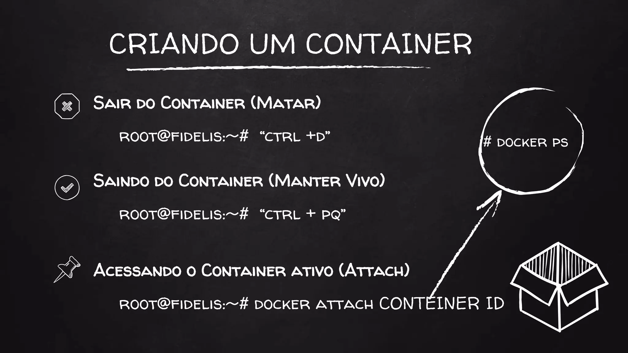 CRIANDO UM CONTAINER
Sair do Container (Matar)
Saindo do Container (Manter Vivo)
root@fidelis:~# “ctrl +d”
root@fidelis:~# “ctrl + pq”
Acessando o Container ativo (Attach)
root@fidelis:~# docker attach CONTEINER ID
# docker ps
 