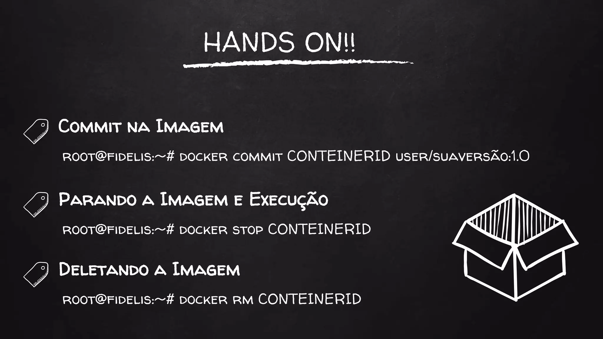 HANDS ON!!
Commit na Imagem
root@fidelis:~# docker commit CONTEINERID user/suaversão:1.0
Parando a Imagem e Execução
root@fidelis:~# docker stop CONTEINERID
Deletando a Imagem
root@fidelis:~# docker rm CONTEINERID
 