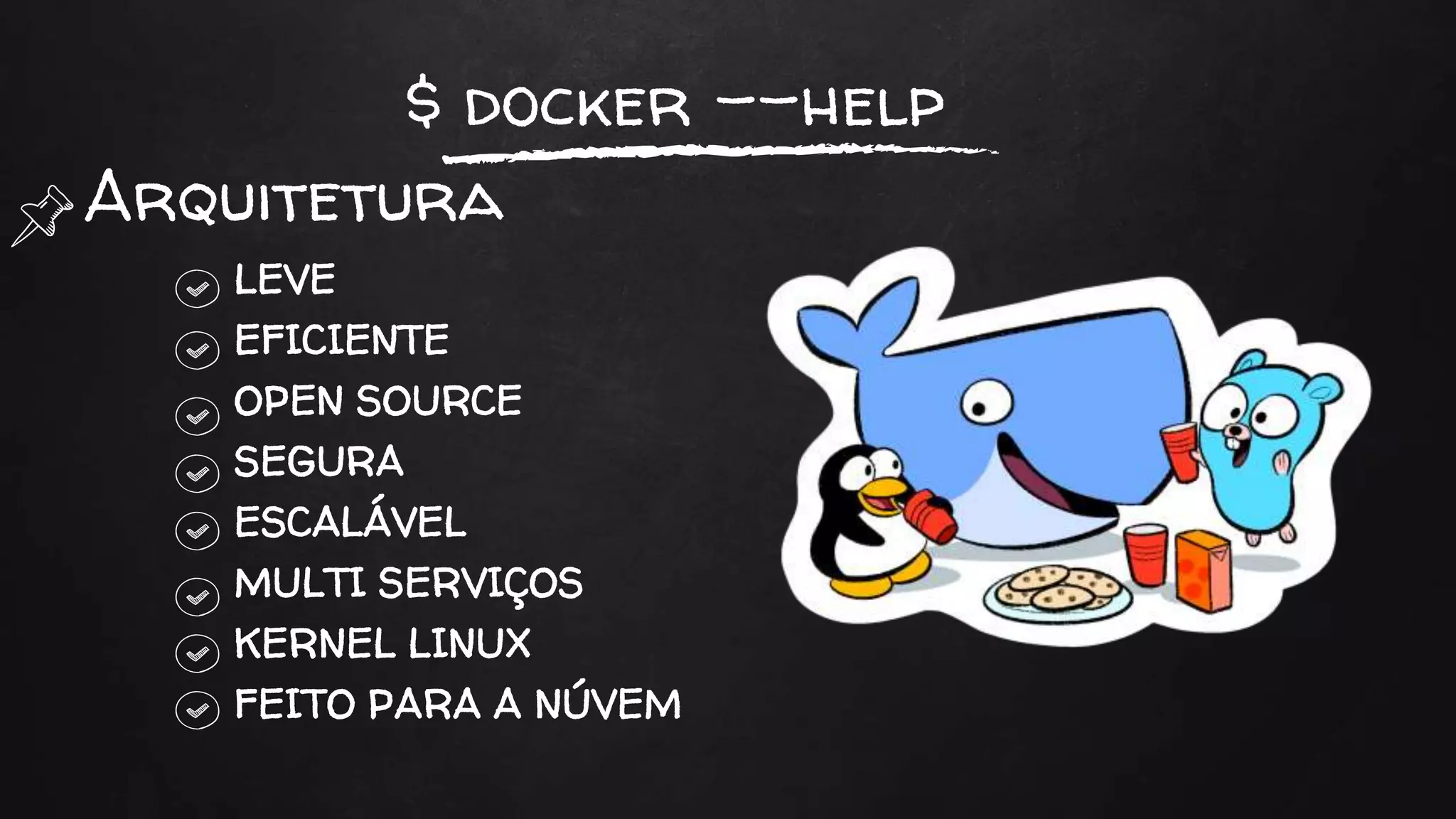 $ docker --help
LEVE
EFICIENTE
OPEN SOURCE
SEGURA
ESCALÁVEL
MULTI SERVIÇOS
KERNEL LINUX
FEITO PARA A NÚVEM
Arquitetura
 