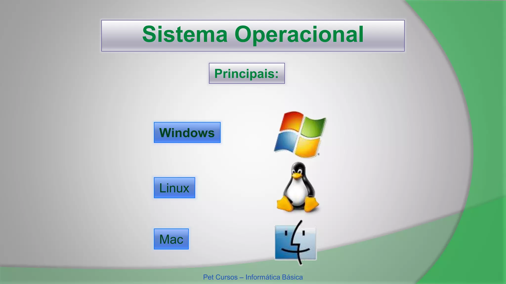 Sistema Operacional
Principais:
Windows
Linux
Mac
Pet Cursos – Informática Básica
 
