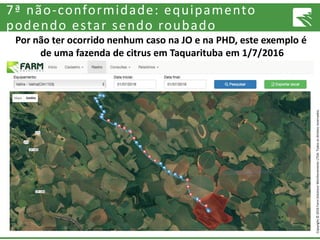 Copyright©2016FarmSolutionsMonitoramentoLTDA.Todososdireitosreservados.
7ª não-conformidade: equipamento
podendo estar sendo roubado
Por não ter ocorrido nenhum caso na JO e na PHD, este exemplo é
de uma fazenda de citrus em Taquarituba em 1/7/2016
 