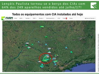 Copyright©2016FarmSolutionsMonitoramentoLTDA.Todososdireitosreservados.
Lençóis Paulista tornou-se o berço dos CIAs com
64% dos 249 aparelhos vendidos até julho/17!
Todos os equipamentos com CIA instalados até hoje
 