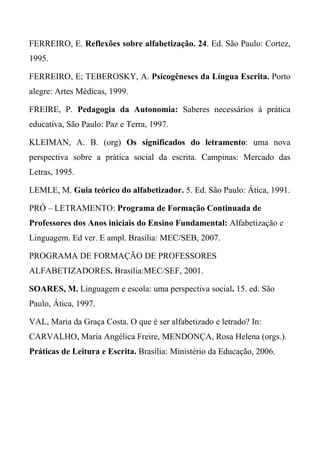 FERREIRO, E. Reflexões sobre alfabetização. 24. Ed. São Paulo: Cortez,
1995.

FERREIRO, E; TEBEROSKY, A. Psicogêneses da Língua Escrita. Porto
alegre: Artes Médicas, 1999.

FREIRE, P. Pedagogia da Autonomia: Saberes necessários à prática
educativa, São Paulo: Paz e Terra, 1997.

KLEIMAN, A. B. (org) Os significados do letramento: uma nova
perspectiva sobre a prática social da escrita. Campinas: Mercado das
Letras, 1995.

LEMLE, M. Guia teórico do alfabetizador. 5. Ed. São Paulo: Ática, 1991.

PRÓ – LETRAMENTO: Programa de Formação Continuada de
Professores dos Anos iniciais do Ensino Fundamental: Alfabetização e
Linguagem. Ed ver. E ampl. Brasília: MEC/SEB, 2007.

PROGRAMA DE FORMAÇÃO DE PROFESSORES
ALFABETIZADORES. Brasília:MEC/SEF, 2001.

SOARES, M. Linguagem e escola: uma perspectiva social. 15. ed. São
Paulo, Ática, 1997.

VAL, Maria da Graça Costa. O que é ser alfabetizado e letrado? In:
CARVALHO, Maria Angélica Freire, MENDONÇA, Rosa Helena (orgs.).
Práticas de Leitura e Escrita. Brasília: Ministério da Educação, 2006.
 