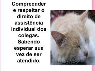 Compreender
 e respeitar o
   direito de
  assistência
individual dos
   colegas.
   Sabendo
 esperar sua
  vez de ser
   atendido.
 