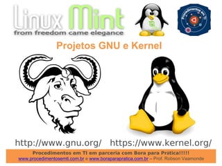 Procedimentos em TI em parceria com Bora para Prática!!!!!
www.procedimentosemti.com.br e www.boraparapratica.com.br – Prof. Robson Vaamonde
Projetos GNU e Kernel
http://www.gnu.org/ https://www.kernel.org/
 