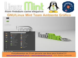 Procedimentos em TI em parceria com Bora para Prática!!!!!
www.procedimentosemti.com.br e www.boraparapratica.com.br – Prof. Robson Vaamonde
GNU/Linux Mint Team Ambiente Gráfico
 