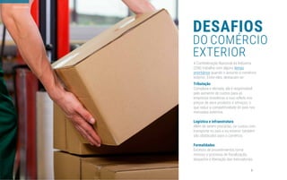 PANORAMA
5
DESAFIOS
DO COMÉRCIO
EXTERIOR
A Confederação Nacional da Indústria
(CNI) trabalha com alguns temas
prioritários quando o assunto é comércio
exterior. Entre eles, destacam-se:
Tributação
Complexa e elevada, ela é responsável
pelo aumento de custos para as
empresas brasileiras e isso reflete nos
preços de seus produtos e serviços, o
que reduz a competitividade do país nos
mercados externos.
Logística e infraestrutura
Além de serem precárias, os custos com
transporte no país e no exterior também
são obstáculos para o comércio.
Formalidades
Excesso de procedimentos torna
moroso o processo de fiscalização,
despacho e liberação das mercadorias.
 