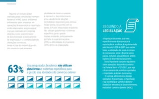 PANORAMA
não utilizam
plataformas
A legislação aduaneira, que trata
exportação de produtos, é regulamentada
pelo Decreto 6.759 de 2009, que norteia
todas as atividades de venda e compra
de mercadorias entre o Brasil e outros
países, incluindo as questões de âmbito
logístico e desembaraço aduaneiro.
Outro importante conjunto regulatório
sobre operações de comércio exterior
é a Portaria Secex nº 23/2011, que rege
o licenciamento de produtos exportados
e importados e demais burocracias.
O controle administrativo dessas
operações de exportação e importação
é da Secretaria de Comércio Exterior
(Secex) do Ministério do Desenvolvimento,
Indústria e Comércio Exterior (MDIC).
63%
SEGUINDO A
LEGISLAÇÃO
.
 