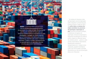 ele
órgãos envolvidos nos processos
de exportação e importação no
país
REDEX: LOGÍSTICA PARA EXPORTAÇÃO
Uma boa iniciativa governamental de incentivo
às exportações foi a criação do Redex (Recinto Especial
para Despacho Aduaneiro de Exportação), que
transforma estabelecimentos de exportadores em zonas
alfandegadas. A vantagem dos recintos especiais
é que, ao invés de levar a mercadoria para um porto,
o desembaraço aduaneiro pode ocorrer na empresa
exportadora. O objetivo é facilitar o acompanhamento
e a operação logística de exportação, reduzindo
os custos operacionais e administrativos.
8
 