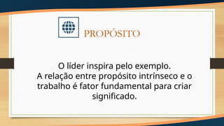 O líder inspira pelo exemplo.
A relação entre propósito intrínseco e o
trabalho é fator fundamental para criar
significado.
PROPÓSITO
 