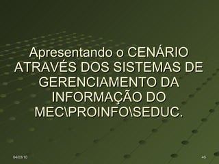Apresentando o CENÁRIO ATRAVÉS DOS SISTEMAS DE GERENCIAMENTO DA INFORMAÇÃO DO MEC\PROINFO\SEDUC. 04/03/10 