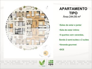 APARTAMENTO
TIPO
•Salas de estar e jantar
•Sala de estar íntimo
•4 quartos com varandas,
Sendo 2 semi-suítes e 2 suítes
•Varanda gourmet
•DCE
Área 244,95 m²
 