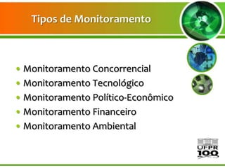 Tipos de Monitoramento



• Monitoramento Concorrencial
• Monitoramento Tecnológico
• Monitoramento Político-Econômico
• Monitoramento Financeiro
• Monitoramento Ambiental
 