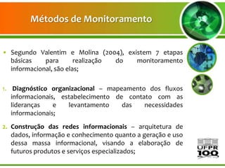 Métodos de Monitoramento


• Segundo Valentim e Molina (2004), existem 7 etapas
  básicas    para       realização do  monitoramento
  informacional, são elas;

1. Diagnóstico organizacional – mapeamento dos fluxos
   informacionais, estabelecimento de contato com as
   lideranças    e   levantamento    das   necessidades
   informacionais;
2. Construção das redes informacionais – arquitetura de
   dados, informação e conhecimento quanto a geração e uso
   dessa massa informacional, visando a elaboração de
   futuros produtos e serviços especializados;
 