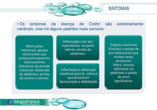 SINTOMAS
• Os sintomas da doença de Crohn são extremamente
variáveis, mas há alguns padrões mais comuns:
Obstruções
intestinais agudas
recorrentes que
provocam espasmos
intensamente
dolorosos da parede
intestinal, distensão
do abdômen, prisão
de ventre e vômito.
Inflamação com dor
espontânea na parte
inferior direita do
abdômen.
Inflamação e obstrução
intestinal parcial crônica
que provocam
desnutrição e debilidade
Trajetos anormais
(fístulas) e bolsas de
pus (abscessos) que
muitas vezes
provocam
febre, massas
dolorosas no
abdômen e perda
de peso
significativa.
 
