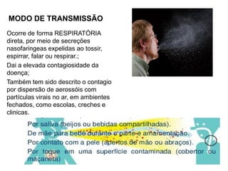 Ocorre de forma RESPIRATÓRIA
direta, por meio de secreções
nasofaringeas expelidas ao tossir,
espirrar, falar ou respirar.;
Dai a elevada contagiosidade da
doença;
Também tem sido descrito o contagio
por dispersão de aerossóis com
partículas virais no ar, em ambientes
fechados, como escolas, creches e
clinicas.
MODO DE TRANSMISSÃO
 