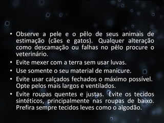 Observe a pele e o pêlo de seus animais de estimação (cães e gatos).  Qualquer alteração como descamação ou falhas no pêlo procure o veterinário.  Evite mexer com a terra sem usar luvas.  Use somente o seu material de manicure.  Evite usar calçados fechados o máximo possível.  Opte pelos mais largos e ventilados.  Evite roupas quentes e justas.  Evite os tecidos sintéticos, principalmente nas roupas de baixo. Prefira sempre tecidos leves como o algodão.  