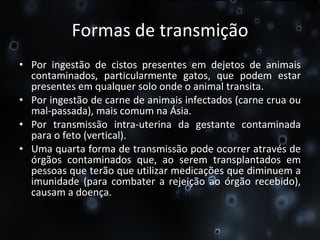 Formas de transmição Por ingestão de cistos presentes em dejetos de animais contaminados, particularmente gatos, que podem estar presentes em qualquer solo onde o animal transita. Por ingestão de carne de animais infectados (carne crua ou mal-passada), mais comum na Ásia. Por transmissão intra-uterina da gestante contaminada para o feto (vertical). Uma quarta forma de transmissão pode ocorrer através de órgãos contaminados que, ao serem transplantados em pessoas que terão que utilizar medicações que diminuem a imunidade (para combater a rejeição ao órgão recebido), causam a doença. 