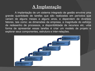 A Implantação A implantação de um sistema integrado de gestão envolve uma grande quantidade de tarefas que são realizadas em períodos que variam de alguns meses a alguns anos, e dependem de diversos fatores, tais como: as dimensões da empresa, a magnitude do esforço de redesenho de processos, a disponibilidade de recursos etc. uma forma de apresentar essas tarefas é criar um modelo de projeto e explorar seus componentes, estrutura e inter-relações.  