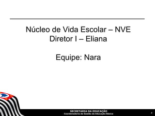Núcleo de Vida Escolar – NVE
      Diretor I – Eliana

       Equipe: Nara




               SECRETARIA DA EDUCAÇÃO
                                                       3
          Coordenadoria de Gestão da Educação Básica
 