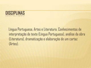 Disciplinas    Língua Portuguesa, Artes e Literatura. Conhecimentos de interpretação de texto (Língua Portuguesa), análise da obra (Literatura), dramatização e elaboração de um cartaz (Artes). 