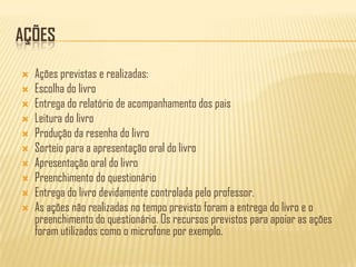 AçõesAções previstas e realizadas:Escolha do livroEntrega do relatório de acompanhamento dos paisLeitura do livroProdução da resenha do livroSorteio para a apresentação oral do livroApresentação oral do livroPreenchimento do questionárioEntrega do livro devidamente controlada pelo professor.As ações não realizadas no tempo previsto foram a entrega do livro e o preenchimento do questionário. Os recursos previstos para apoiar as ações foram utilizados como o microfone por exemplo.