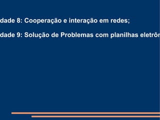 Unidade 4: Debate na rede: bate-papo, lista e fórum de discussão, netiqueta; Unidade 5: Elaboração e edição de textos; Unidade 6: Apresentações para nossas aulas; Unidade 7: Criação de blogs; 