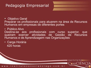 Libras: formação de recursos    humanos para o            atendimento inclusivoObjetivo GeralAprofundar o conhecimento das características do desenvolvimento e da aprendizagem dos indivíduos com necessidades educativas especiais: SURDOS  Público AlvoGraduados em Pedagogia, demais Licenciaturas, Fonoaudiologia, Psicologia e áreas afins, profissionais que atuam em instituições de ensino,  instituições  e serviços de apoio  Carga Horária    420 horasw  w  w  .  i  n  s  t  i  t  u  t  o  c  o  n  s  c  i  e  n  c  i  a  g  o  .  c  o  m  .  b  r