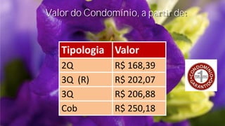Tipologia Valor
2Q R$ 168,39
3Q (R) R$ 202,07
3Q R$ 206,88
Cob R$ 250,18
Valor do Condomínio, a partir de:
 