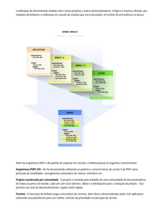 reutilização de determinado módulo entre vários projetos e outros desenvolvedores. A figura 2 mostra a divisão por
módulos do Kohana e a utilização em cascata do arquivo que será executado, em ordem de precedência na busca.




Além da arquitetura MVC e do padrão de arquivos em cascata, o Kohana possui as seguintes características:

Arquitetura PHP5 OO: Ele foi desenvolvido utilizando os padrões e características da versão 5 do PHP como
proteção de visibilidade, carregamento automático de classes, interfaces etc.

Projeto coordenado por comunidade: O projeto é mantido pelo trabalho de uma comunidade de desenvolvedores
de todas as partes do mundo, cada um com seus talentos, idéias e contribuições para a evolução do projeto. Isso
permite um ciclo de desenvolvimento e ajuda muito rápida.

Eventos: A execução do Kohana segue uma ordem de eventos, além disso o desenvolvedor pode criar aplicações
utilizando essa plataforma para um melhor controle da prioridade na execução de tarefas.
 