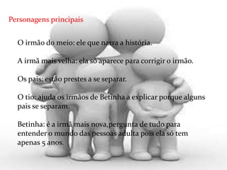 Personagens principais


  O irmão do meio: ele que narra a história.

  A irmã mais velha: ela só aparece para corrigir o irmão.

  Os pais: estão prestes a se separar.

  O tio: ajuda os irmãos de Betinha a explicar porque alguns
  pais se separam.

  Betinha: é a irmã mais nova,pergunta de tudo para
  entender o mundo das pessoas adulta pois ela só tem
  apenas 5 anos.
 