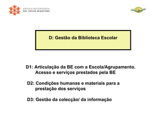 D1: Articulação da BE com a Escola/Agrupamento.  Acesso e serviços prestados pela BE D2: Condições humanas e materiais para a prestação dos serviços D3: Gestão da colecção/ da informação D: Gestão da Biblioteca Escolar 