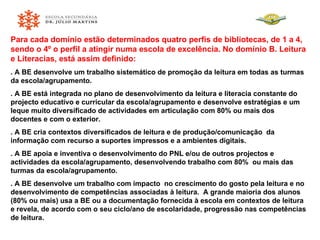 Para cada domínio estão determinados quatro perfis de bibliotecas, de 1 a 4, sendo o 4º o perfil a atingir numa escola de excelência. No domínio B. Leitura e Literacias, está assim definido: . A BE desenvolve um trabalho sistemático de promoção da leitura em todas as turmas da escola/agrupamento. . A BE está integrada no plano de desenvolvimento da leitura e literacia constante do projecto educativo e curricular da escola/agrupamento e desenvolve estratégias e um leque muito diversificado de actividades em articulação com 80% ou mais dos docentes e com o exterior. . A BE cria contextos diversificados de leitura e de produção/comunicação  da informação com recurso a suportes impressos e a ambientes digitais. . A BE apoia e inventiva o desenvolvimento do PNL e/ou de outros projectos e actividades da escola/agrupamento, desenvolvendo trabalho com 80%  ou mais das turmas da escola/agrupamento. . A BE desenvolve um trabalho com impacto  no crescimento do gosto pela leitura e no desenvolvimento de competências associadas à leitura.  A grande maioria dos alunos (80% ou mais) usa a BE ou a documentação fornecida à escola em contextos de leitura e revela, de acordo com o seu ciclo/ano de escolaridade, progressão nas competências de leitura.  
